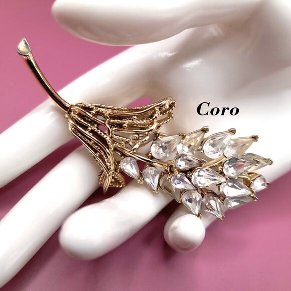 Vintage Coro Clear Rhinestone Floral Brooch, Gold Tone, 3 1/4 Inches - Picture 1 of 12